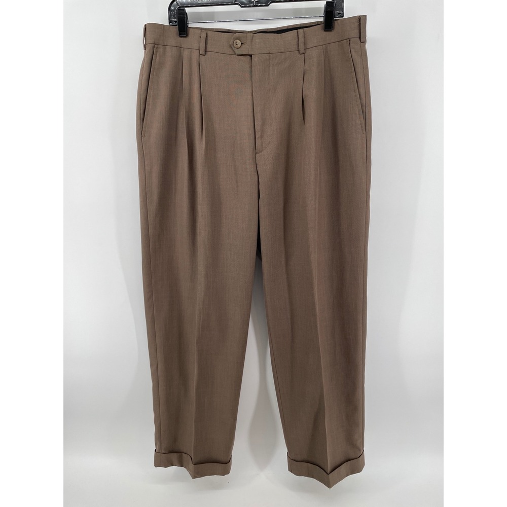 Perry Ellis America Dress Pants Mens 36x30 Brown Pleated Cuffed Trousers Classic